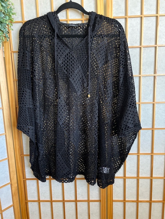 Susan Graver Sweaters - Susan Graver Weekend Black Lace Poncho Hooded Sheer Crochet Cover Up XL Boho